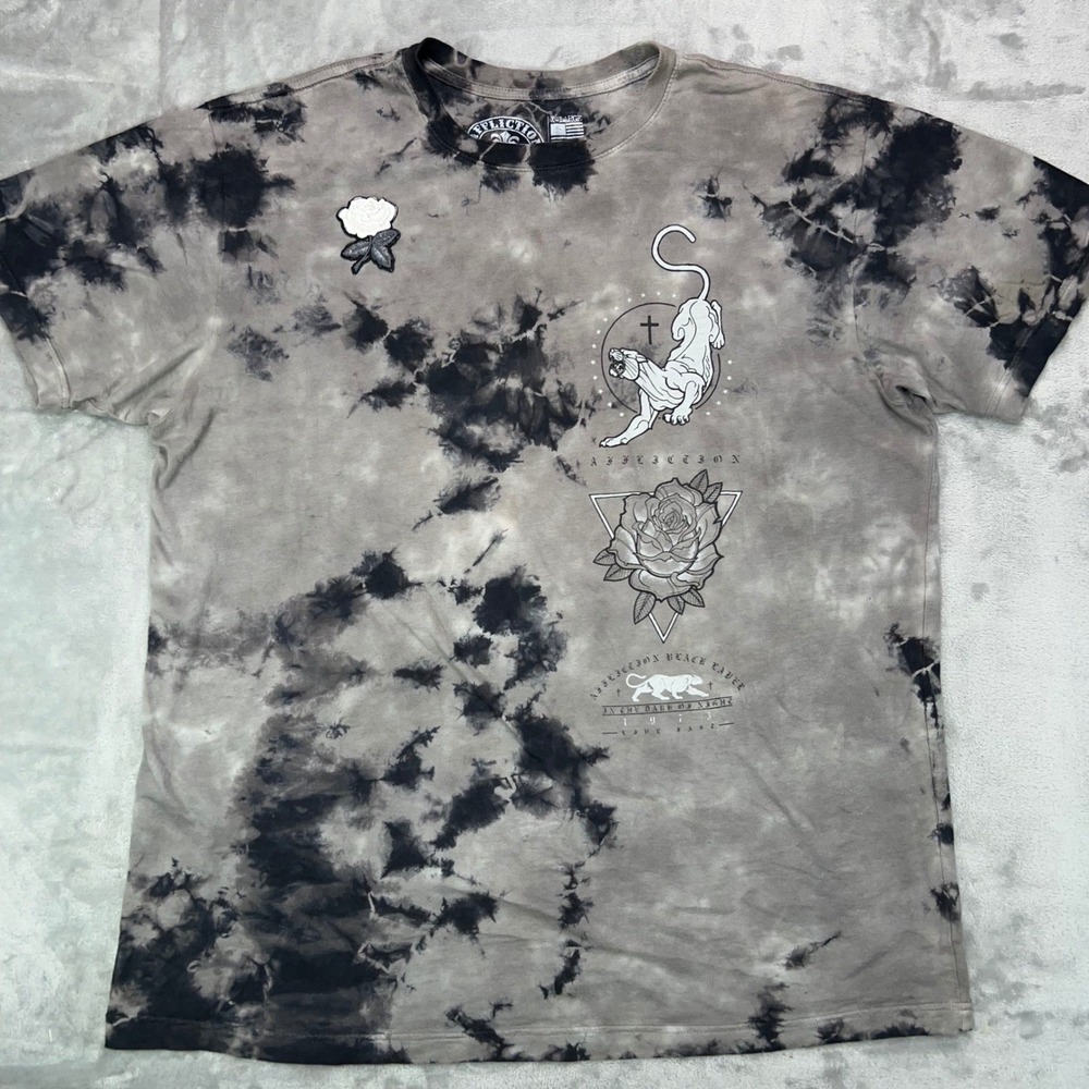AFFLICTION Graphic‎ T-Shirt Men's XL Gray Tie Dye Panther Rose Y2K Biker MMA USA